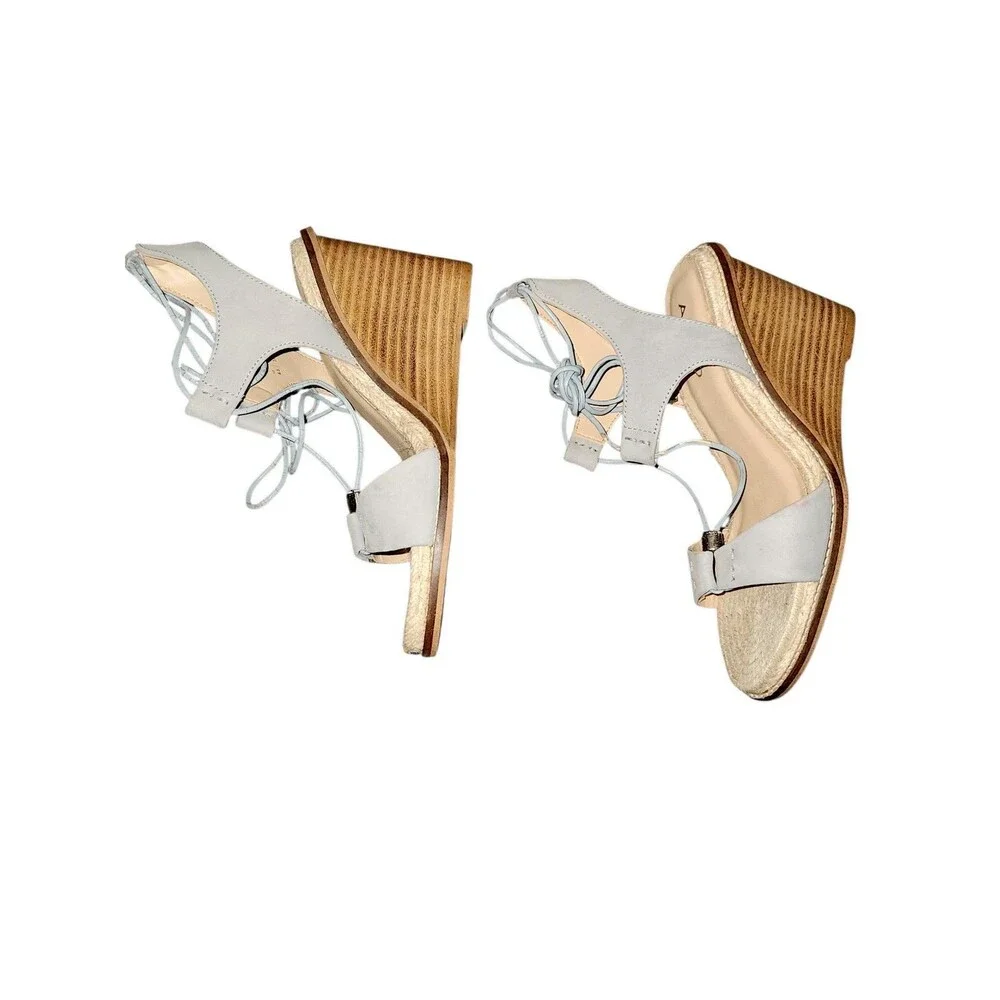 ALDO Terisa Wedge Light Blue Leather Wood Heel Boho Lace Up Sandal Sz 6.5